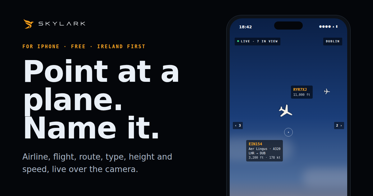 The Skylark link preview image, an iPhone held up to a dusk sky with a labelled Aer Lingus A320