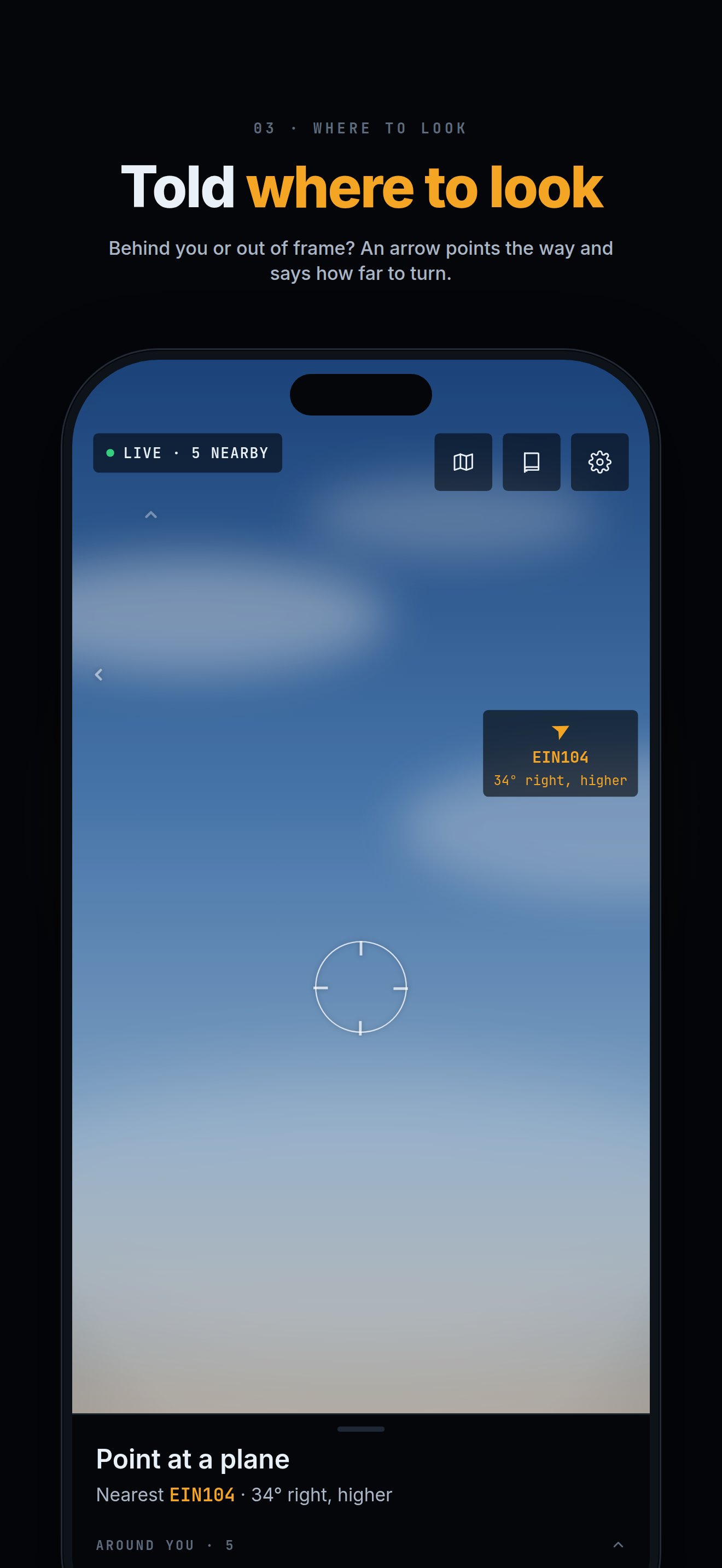 An empty sky with an amber pointer at the screen edge saying which way to turn to find the aircraft