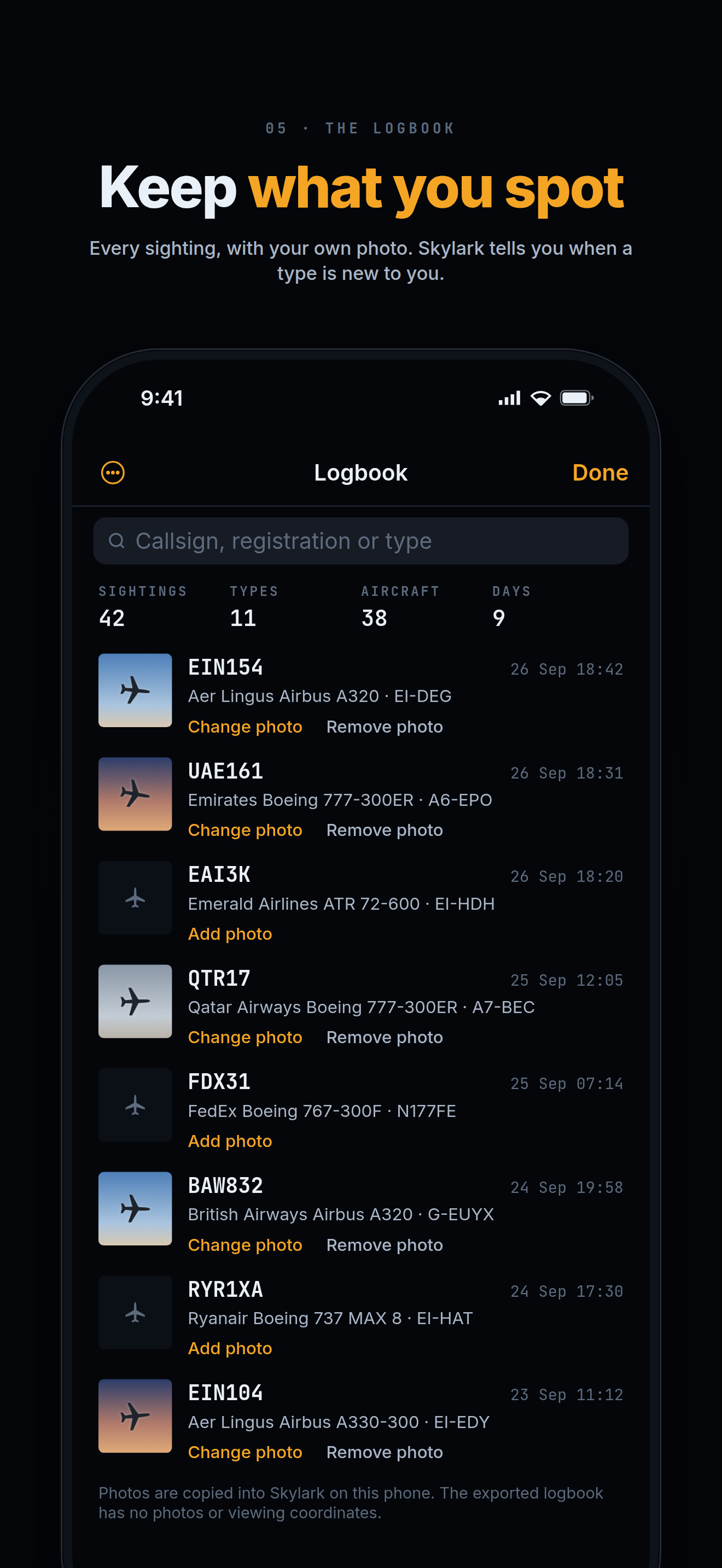 The logbook with search, totals and a list of sightings with photos