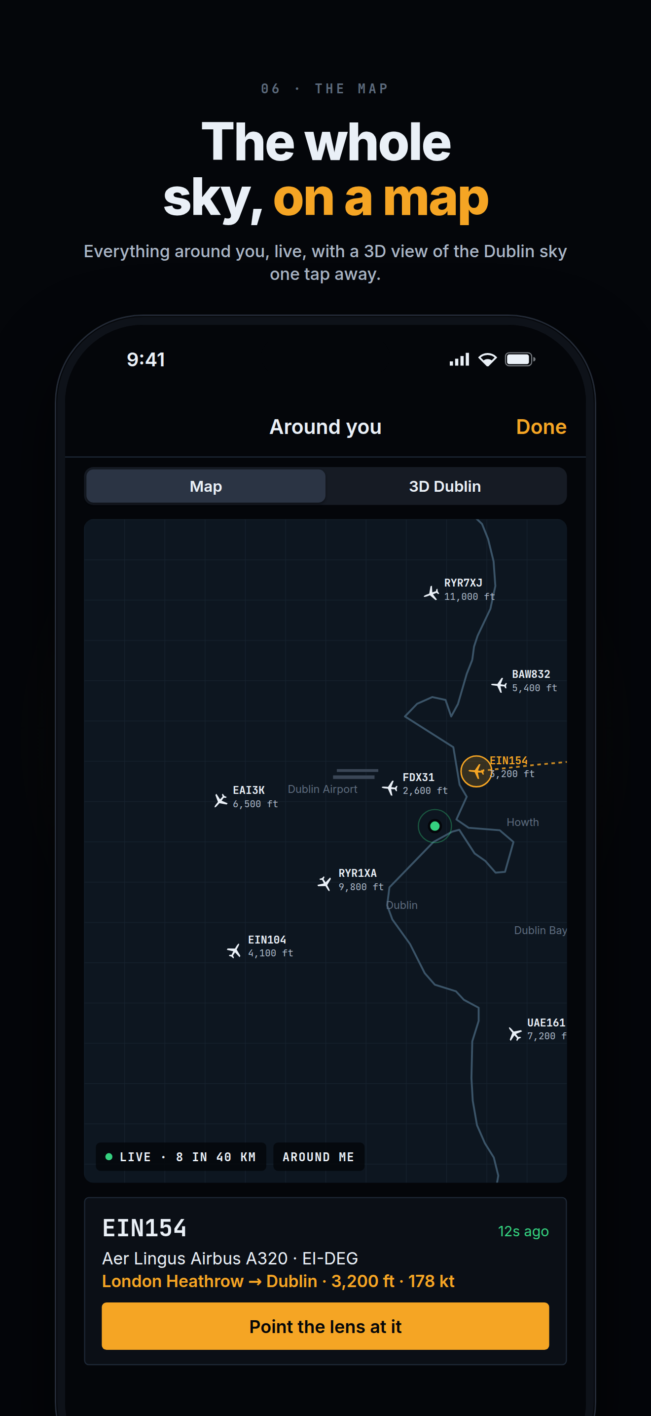 A map of aircraft over Dublin Bay with the selected flight's trail and detail card