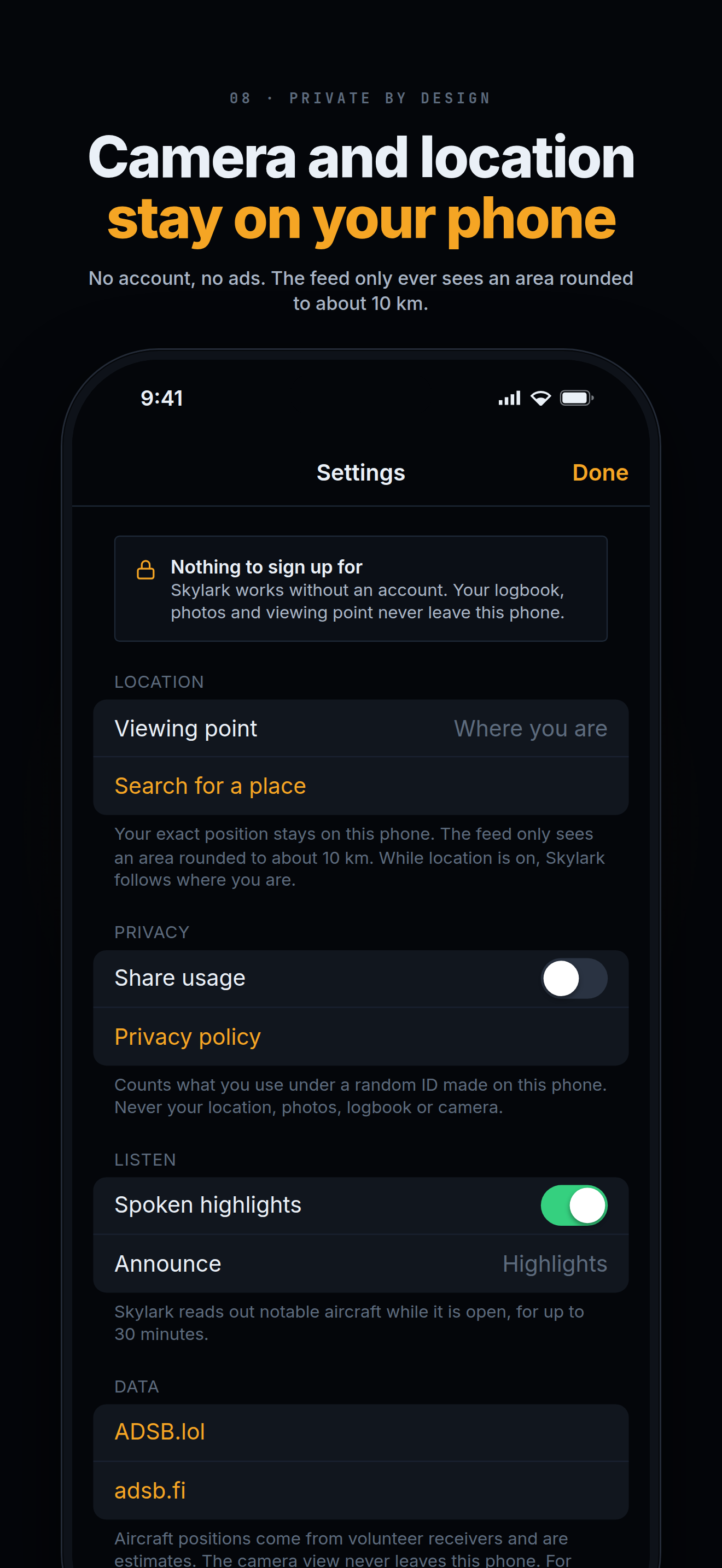 The settings screen showing location, privacy and data sections with share usage switched off
